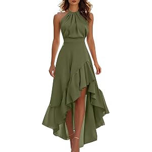 Carydety Women's Chiffon Maxi Dress High Waist Ruffled Hem Asymmetric Side Slit Halter Neck Evening Cocktail Party Long Dress