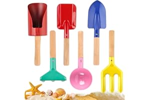 PLACHIDAY Beach Toys for Kids, 6Pcs 8'' Kids Gardening Tools with Sturdy Wooden Handle Sand Toys Set Metal Gardening Equipment Cylinder, Spoon, Fork, Rake, Flat Shovel & Pointed Shovel