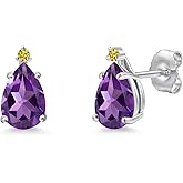 Gem Stone King 14K White Gold Purple Amethyst and Canary Lab Grown Diamond Stud Earrings for Women | 1.60 Cttw | Gemstone February Birthstone | Pear Shape 8X5MM