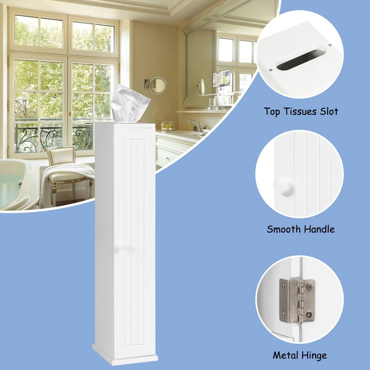 Tangkula Toilet Tissue Storage Tower, Free Standing Toilet Paper Holder with 4 Shelves, Bathroom Paper Storage Organizer with Door & Top Slot, Narrow Bath Floor Cabinet for Paper Holder (White): Home & Kitchen
