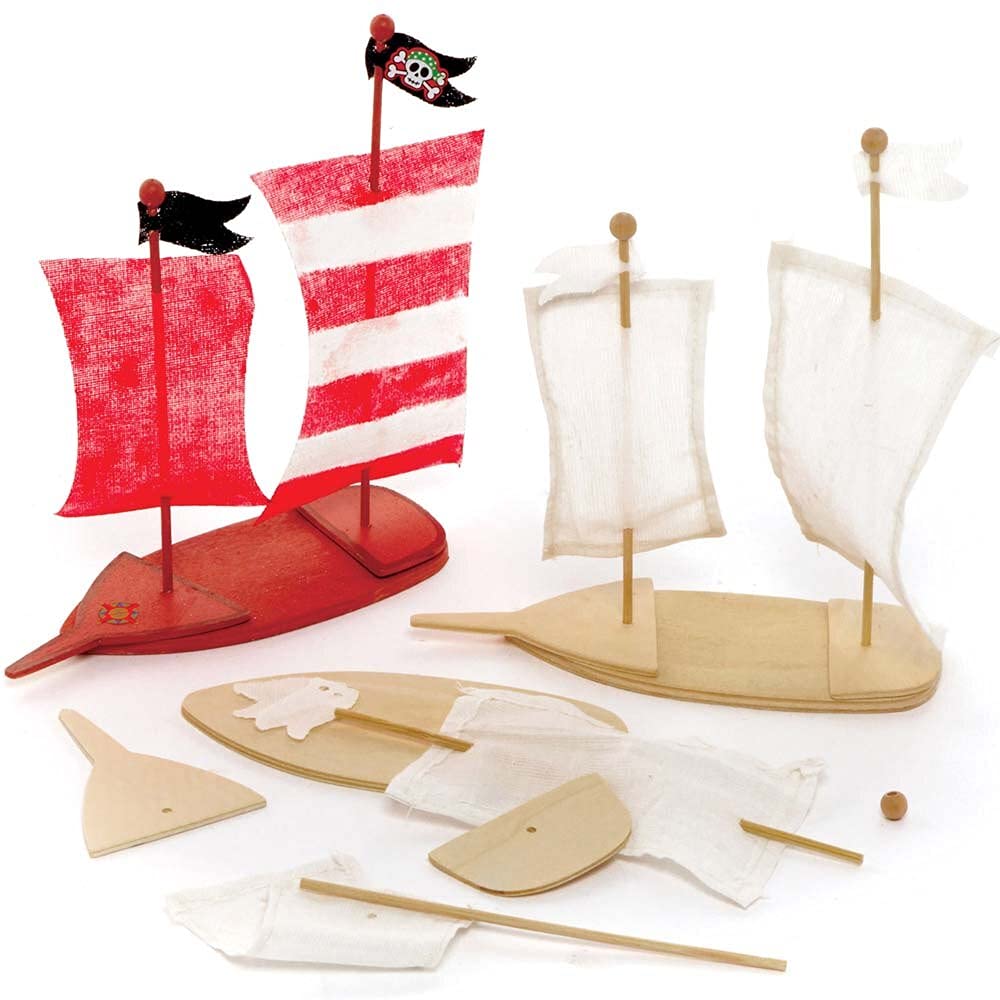 Baker Ross FE274 Wooden Pirate Ship Kits - Pack of 3, Wooden Crafts for Children to Decorate and Display, Kids Educational Activity