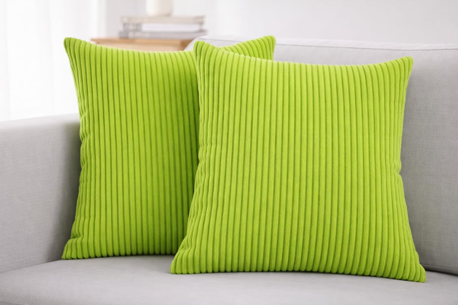 Seechoo Corduroy Cushion Covers, Set of 2, 45 x 45 cm, Striped, with Invisible Zipper, 18 x 18 Inch (Lime Green)