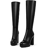 zhsrin Black Platform Knee High Wide Calf Boots for Women with Chunky Heel Round Toe Side Zipper Tall Long Boots