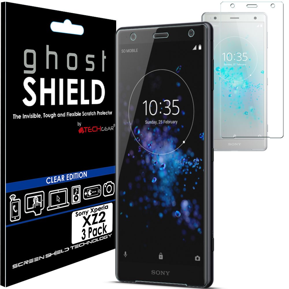 TECHGEAR [3 Pack] Screen Protectors to fit Sony Xperia XZ2 [ghostSHIELD Edition] Genuine Reinforced TPU Screen Protector Guard Covers with Full Screen Coverage inc Curved Screen