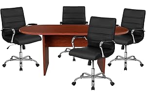 Flash Furniture 5 Piece Cherry Oval Conference Table Set with 4 Black and Chrome LeatherSoft Executive Chairs