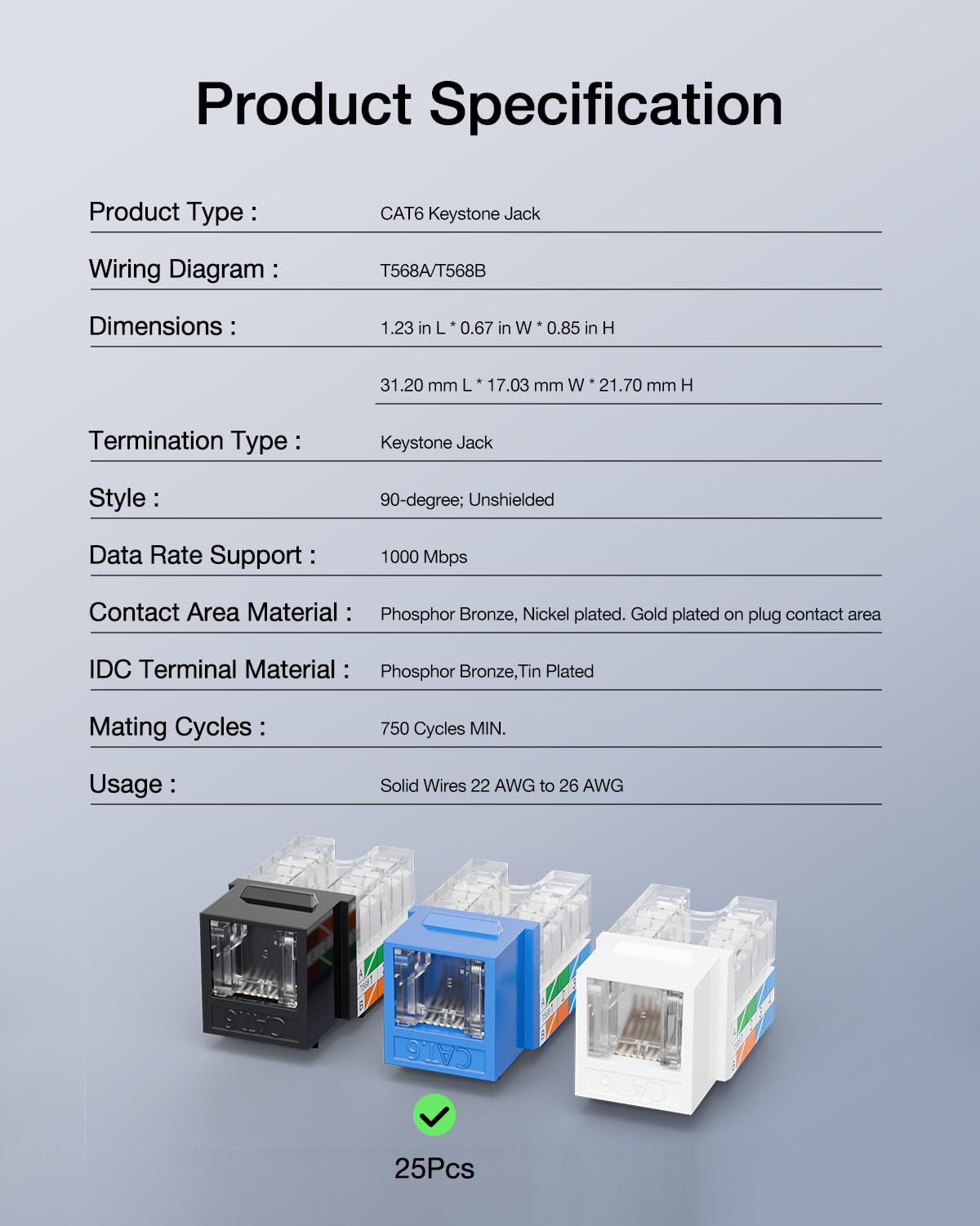 VCELINK RJ45 Cat6 Keystone Jacks with Dust Cover, Dust-Proof Keystone Jacks, Slim Profile 25-Pack, 90-Degree Punch Down Ethernet Modular Jacks, UTP Keystone Jack Adapter, Blue