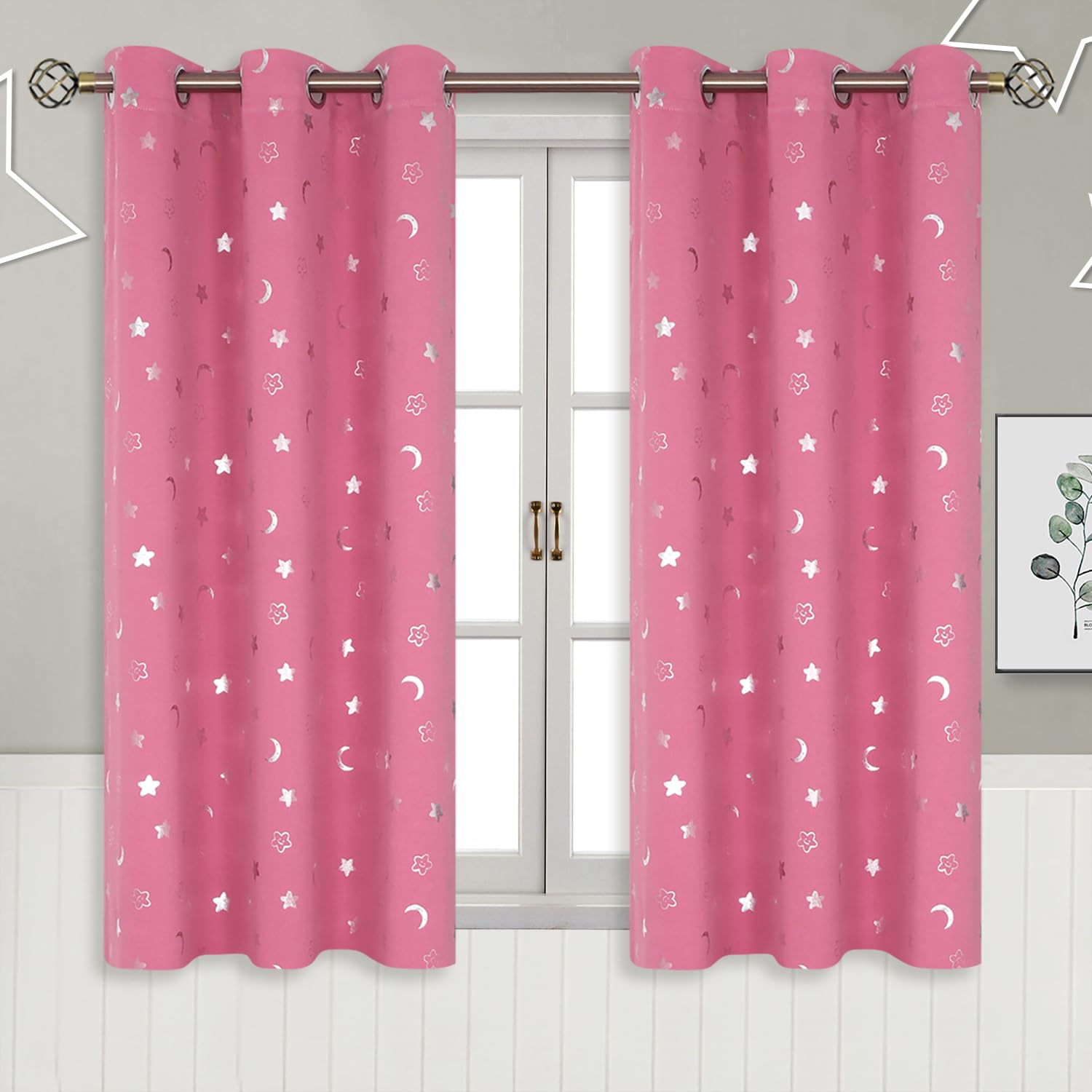 BGment Pink Curtains for Girls Bedroom, Short Star and Moon Blackout Curtains for Nursery 54 Inch Long, Thermal Insulated Room Darkening Small Window Curtains with Grommet for Kids, 42 Wide, 2 Panels