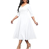 Nmoder Women's Casual Wrap Flared Midi Dress Wedding Guest Cocktail Tea Dresses A-Line Swing V-Neck 3/4 Sleeve
