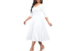 Nmoder Women's Casual Wrap Flared Midi Dress Wedding Guest Cocktail Tea Dresses A-Line Swing V-Neck 3/4 Sleeve