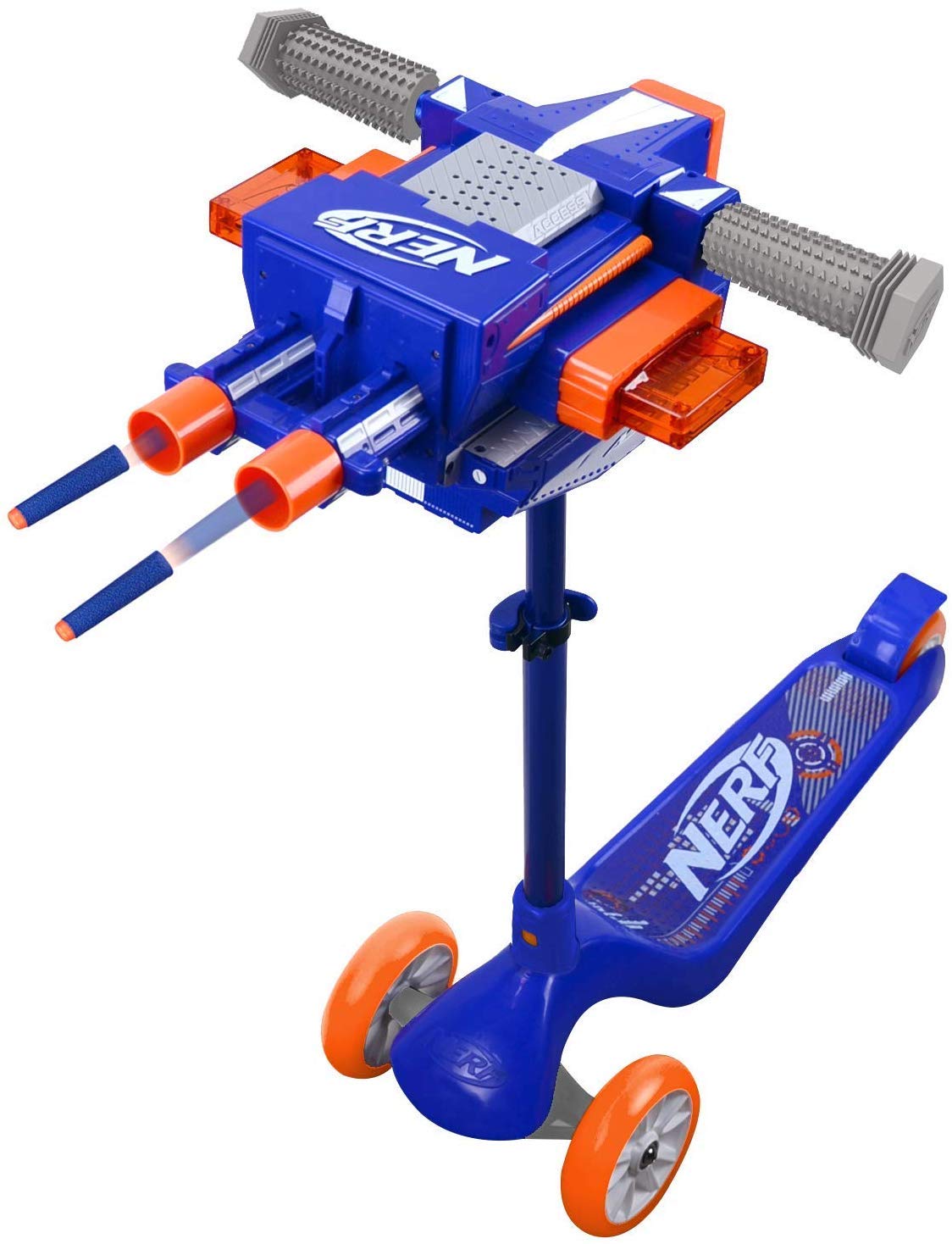 NERF Kick Scooter for Kids, Dual Barrel Blaster Fires Up to 40 Feet, Supports Up to 150lbs, Rear Brake, Sturdy Steel Frame, Wide Surface Textured Molded Deck, Outdoor Activities for Boys/Girls