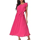 Seta T Women's Pleated Dress Summer Casual Ruffle Flutter Sleeve Crewneck Tie Waist Flowy Midi Dresses