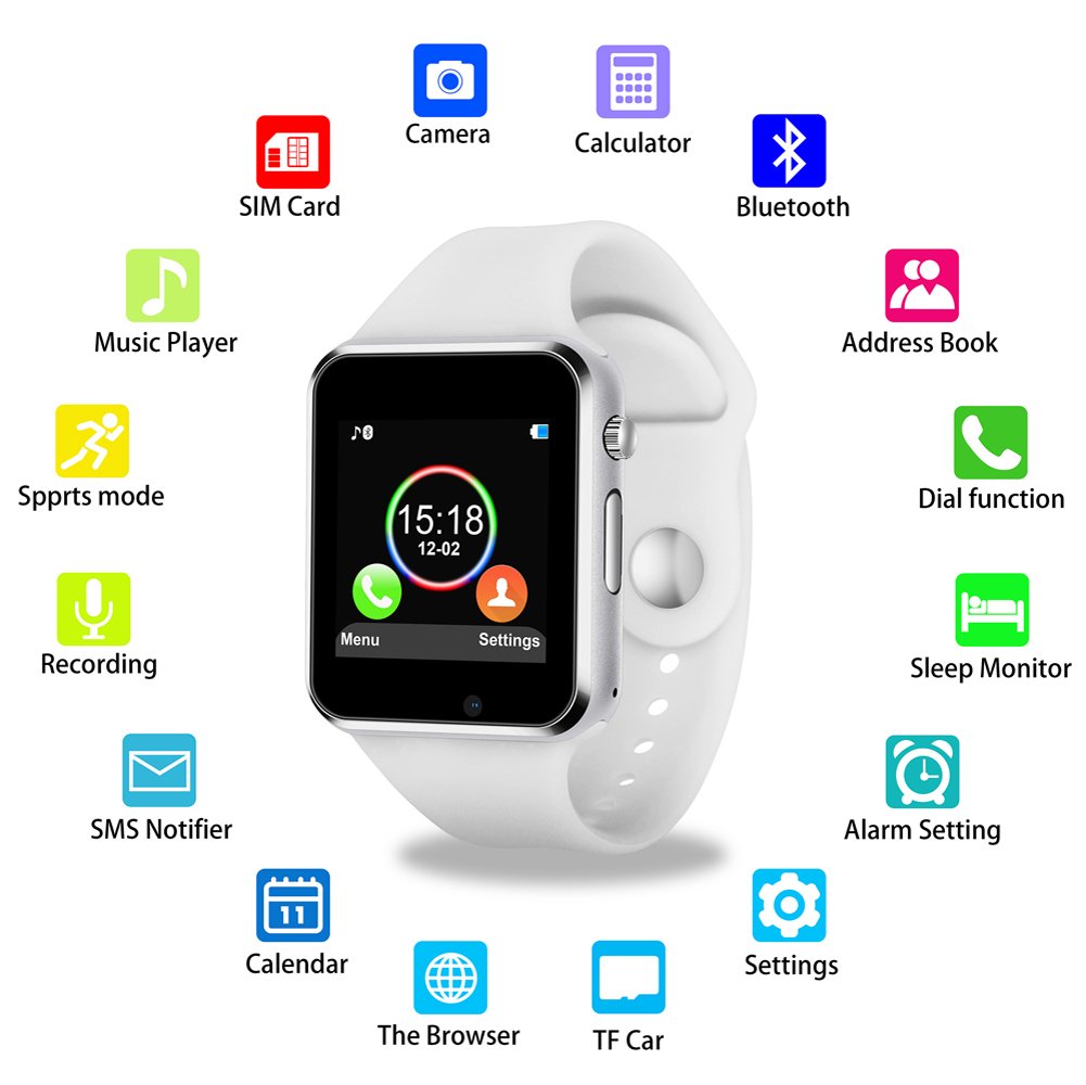 2018 Newest Smart Watch PLYSIN Bluetooth Smartwatch Unlocked Watch Cell Phone with Sim Card Slot Track activity Watch with Pedometer Camera Music-player for IOS iPhone Android Samsung (White)
