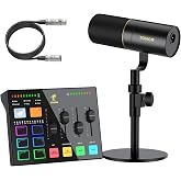TONOR Audio Interface and Microphone Set, Podcast Equipment Bundle, USB Audio Mixer with RGB, XLR Dynamic Microphone with Studio Sound Quality, Complete Package for Content Creating, Gaming, Streaming