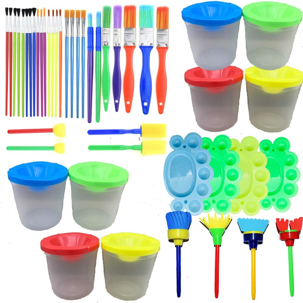 Fycooler Kids Paint Brushes Sponge Kits, 46 Pcs Painting Brushes Drawing Tools Kits,No Spill Paint Cups and Brushes Children Early DIY Learning Paint Sets For Kids Arts and Crafts for toddlers