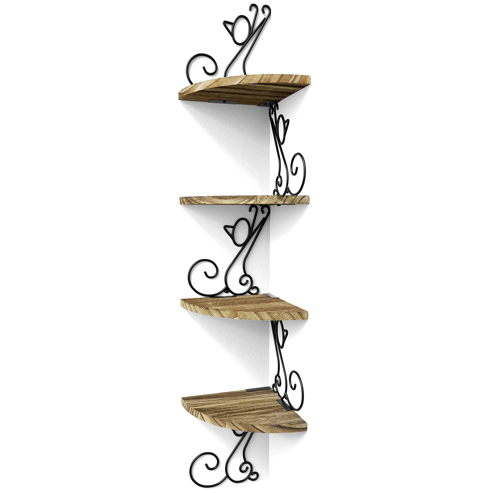 Alsonerbay Wall Mounted Corner Shelf with 4 Tiers, Rustic Wooden Cat Shaped Floating Shelf, Metal Corner Stand for Bedroom, Living Room, Bathroom, Kitchen, Office, Etc, Black Carbonized