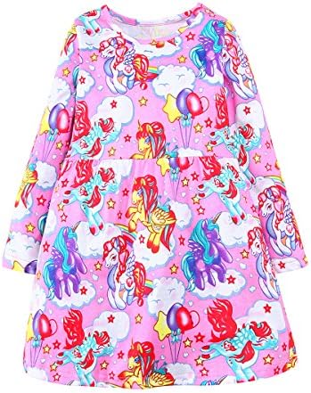 IsabelaKids Girls Cotton Long Sleeve Casual Cartoon Appliques Striped Jersey Dresses (18M, Pink Unicorns)