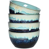 Bosmarlin Stoneware Cereal Bowls Set of 4, 26 Oz, Soup Bowls for Oatmeal, Salad, Dishwasher and Microwave Safe, Reactive Glaze (26 Oz, Pastel Blue)