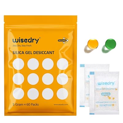 wisedry 5 Gram [60 Packs] Food Grade Silica Gel Packs Rechargeable Desiccant Dehumidifiers Pouches with Color-Indicating Beads Reusable Moisture Absorbers for Food Storage