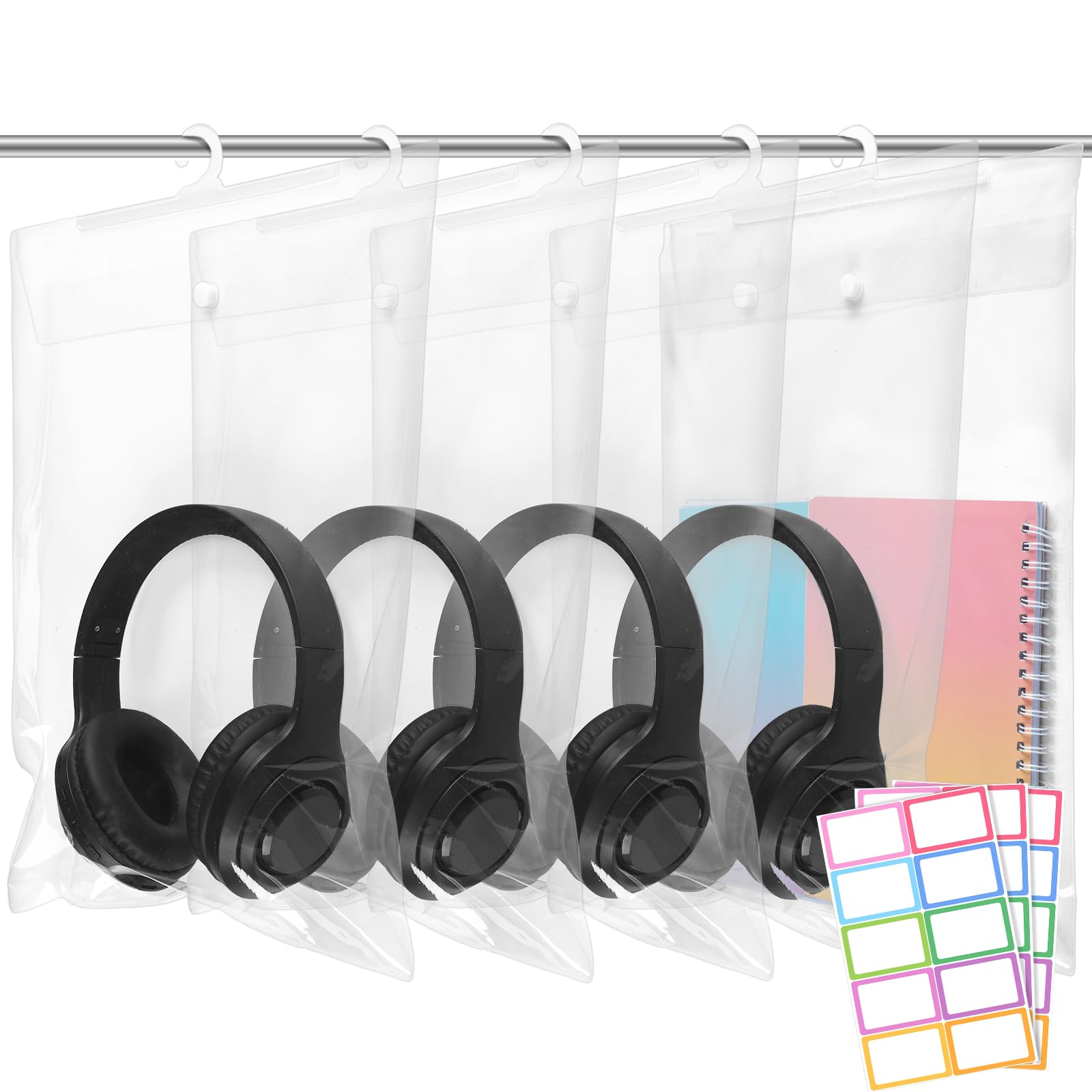 Photo 1 of Gersoniel 24 Pack Large Classroom Headphone Hook Hanging Storage Bags 11.6" x 15" PVC Clear Plastic Organizer Bags with Name Sticker Reusable Waterproof and Dustproof Ideal for Classroom Library