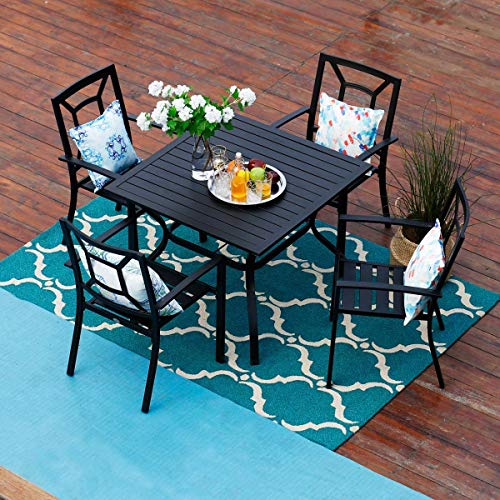 PHI VILLA 5 Piece Outdoor Patio Dining Set, Square Metal Slatted Table