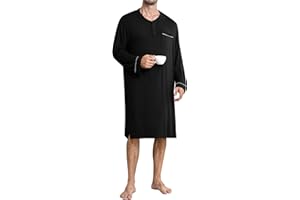 SWOMOG Men's Nightshirt Long Sleeve Nightgown Soft Loose Sleepwear Comfy Big & Tall Henley Sleep Shirt for Sleeping S-XXL