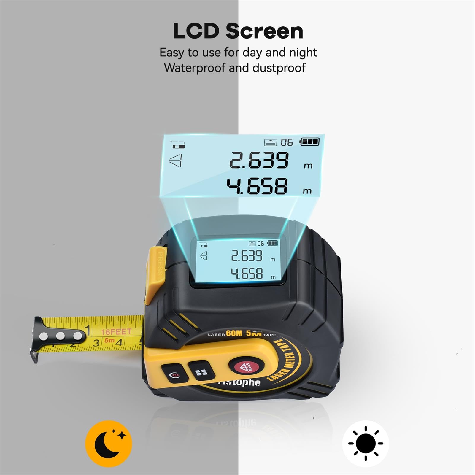 Condition photo showing New/Like New for ristophe 2-in-1 laser tape measure, 197ft rechargeable laser measuring tool & 16ft measuring tape wi