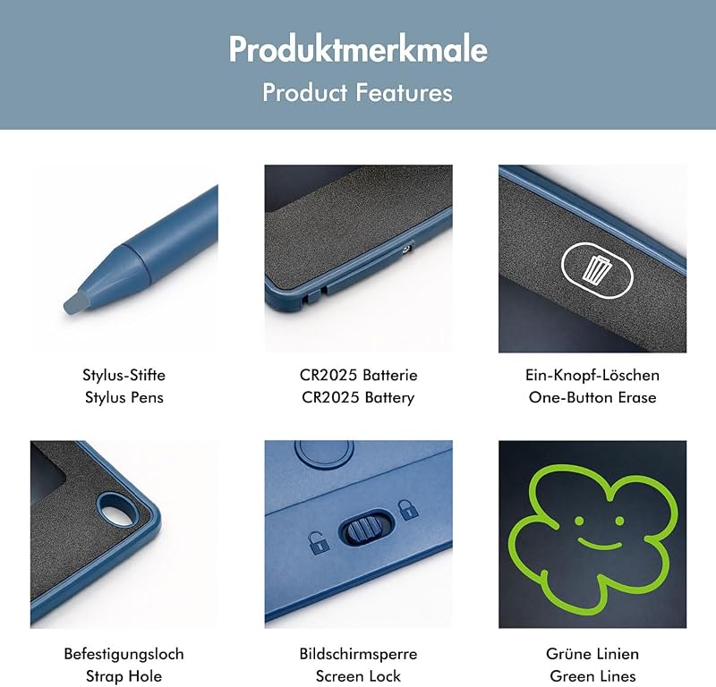 LCD-Schreibtafel 8,5", lösch- und wiederbeschreibbar, augenschonend, Bildschirmsperre, EIN-klick-Radierer, Magnete zum Anheften an den Kühlschrank, inkl. Stylus Stift, Farbe: Blau