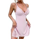 CHICME Women's Lace Trim Side Slit Modal Cami Sleep Dress Loungewear Sexy Night Gowns for Women