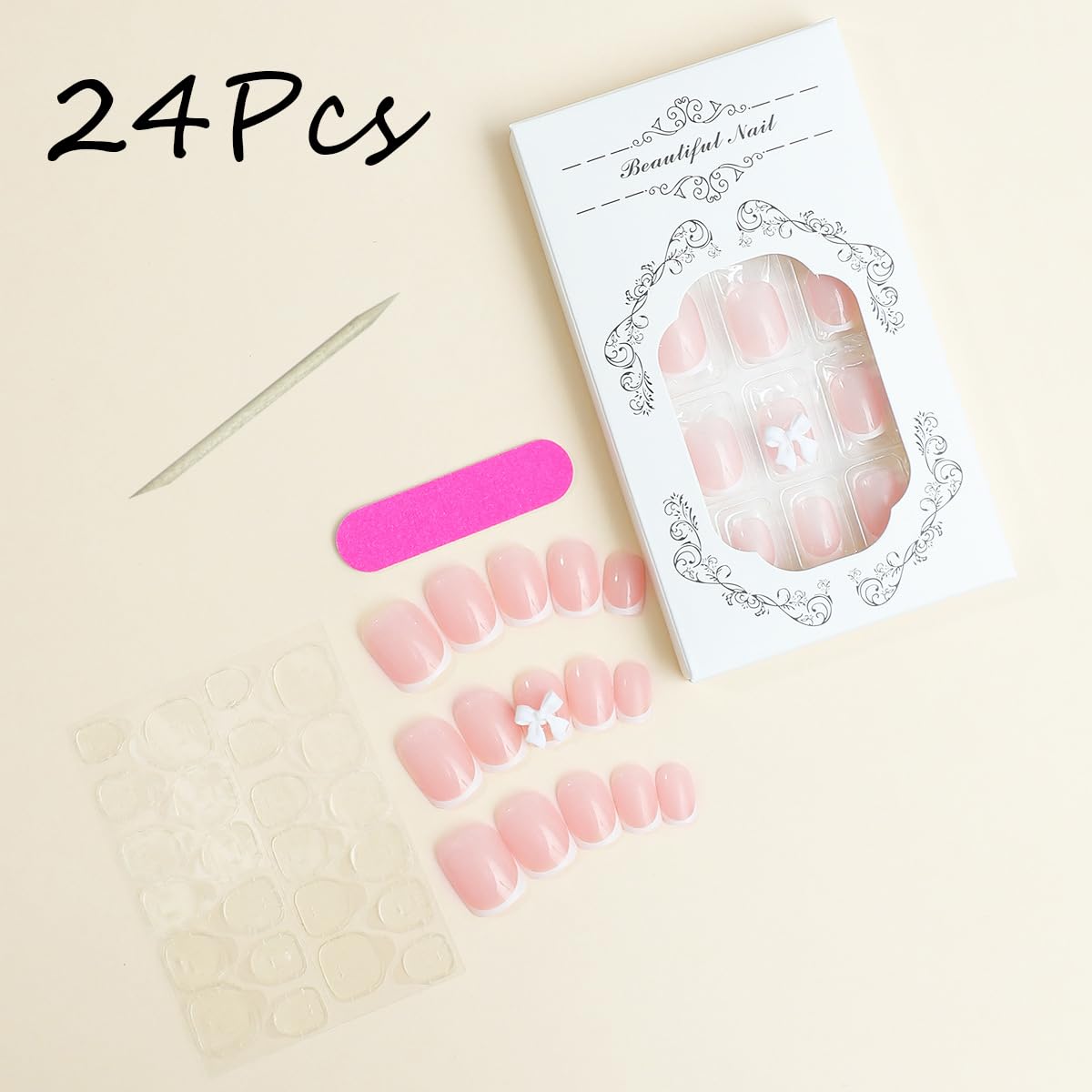 French Tip Press on Nails Short Square Fake Nails White Coffin Nails Tip with Bow Charms Design Acrylic Nails Full Cover Nude Pink Artificial False Nails Stick on Nails for Women Manicure Salon 24Pcs - Image 6
