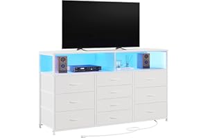 Unionly 55W 10-Drawers Dresser with 2 Open Storage Shelves, TV Stand Dresser for 55,65 inch TV，with Power Outlets and LED Lights, Fabric Dressers Drawers for Bedroom, Living Room (White)