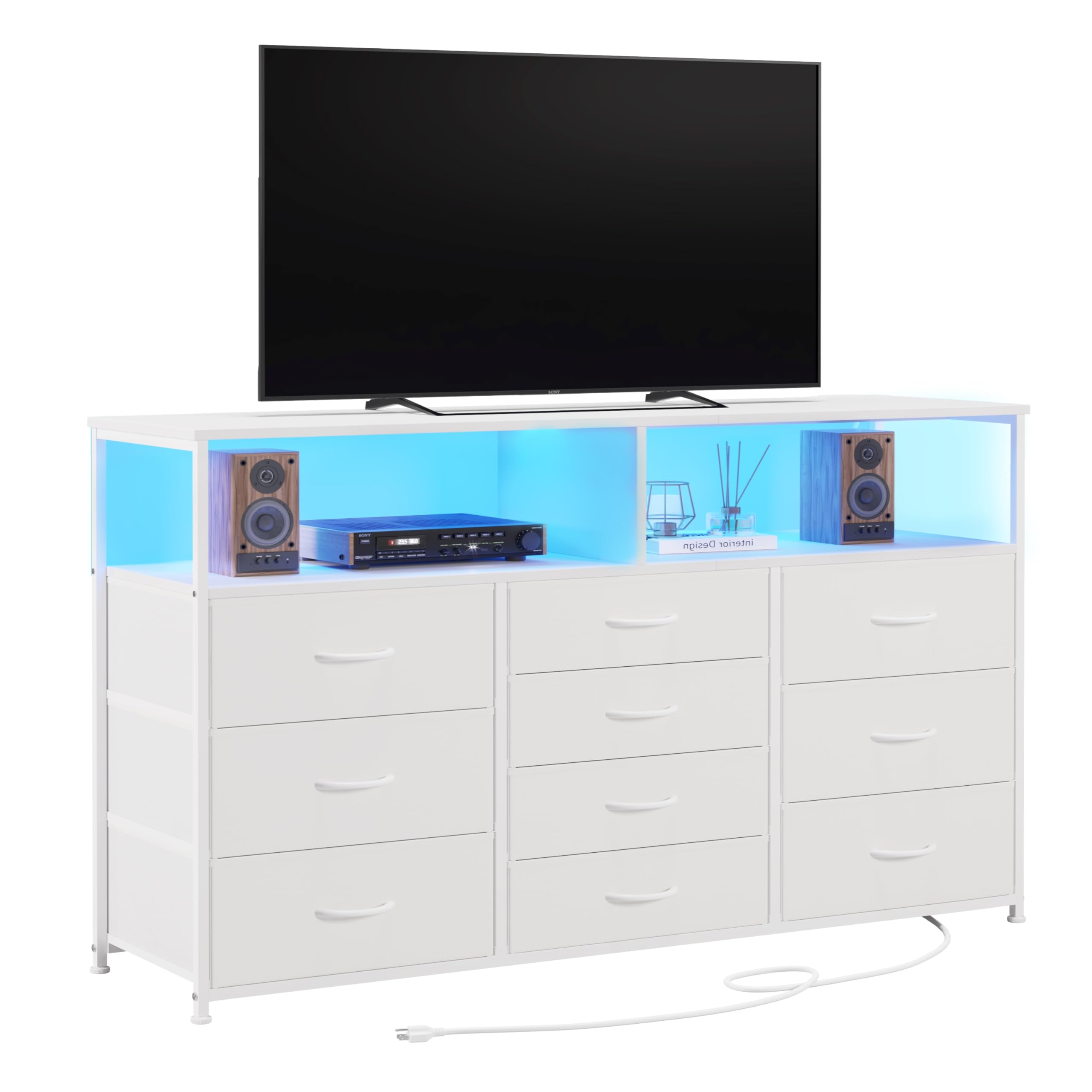 Photo 1 of ***PARTS ONLY****
Unionly 55W 10-Drawers Dresser with 2 Open Storage Shelves, TV Stand Dresser for 55,65 inch TV?with Power Outlets and LED Lights, Fabric Dressers Drawers for Bedroom, Living Room (White)