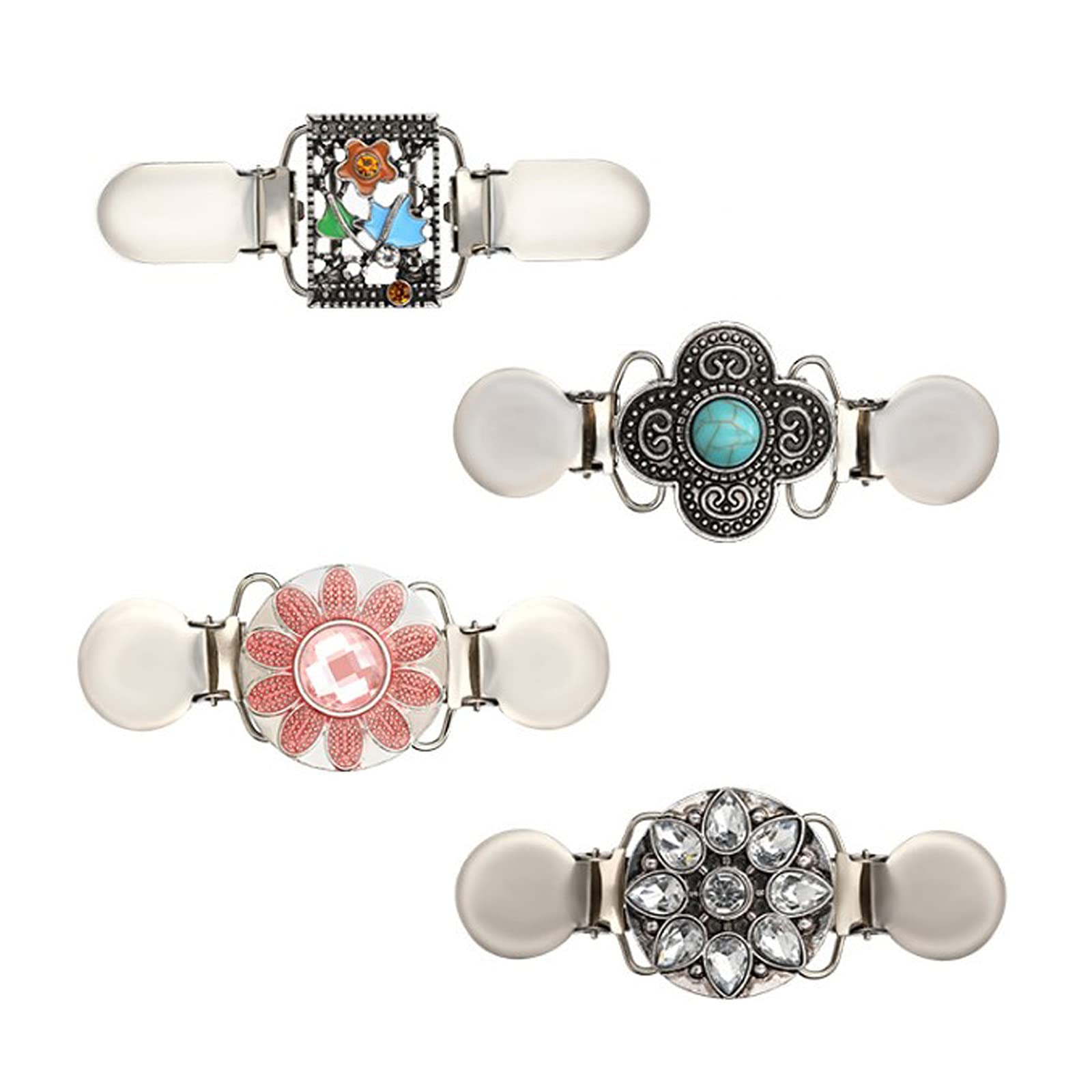 4 pcs Sweater Clips,Vintage Sweater Clips,Retro Cardigan Dresses Shirts Collar Clip, Creative Cardigan Clip, Antique Flowers Pattern Brooch Clip Present for Women Elegant Wome