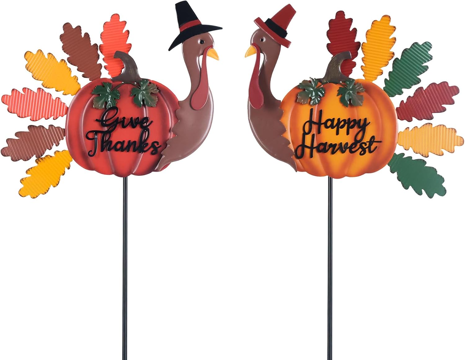 Decorative Garden Stakes - YEAHOME Thanksgiving Decorations Outdoor, 2 Pack Turkey Decorative Garden Stakes for Fall Thanksgiving Decor, Give Thanks & Happy Harvest Metal Yard Signs for Home Garden Lawn Porch Fall Decorations