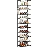 Simple Trending Tall Shoe Rack for Closet, 10 Tiers Narrow Shoe Shelf Holds 20 Pairs, Shoe Organizer Storage with Hooks, Blac