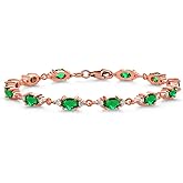Gem Stone King 18K Rose Gold Plated Silver Green Nano Emerald and White Moissanite Tennis Bracelet For Women (5.71 Cttw, Gemstone Birthstone, Oval 6X4MM, 6.5, 7, 7.5 Inch)