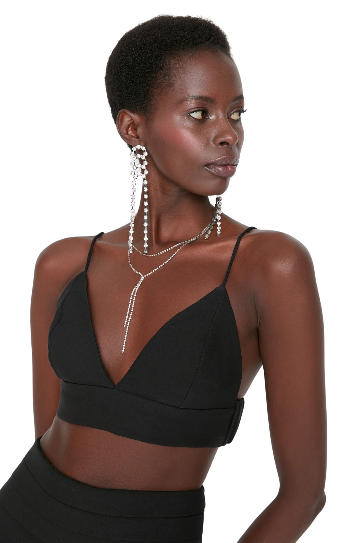 Trendyol Women's Glam Regular fit Basic Crew Neck Woven Bustier V, Black, 40