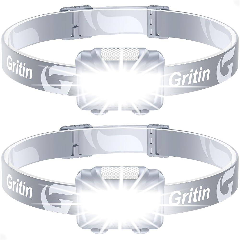 Gritin LED Head Torch Headlamp 2 Pack 3 Modes Waterproof 6 AAA Included Gray