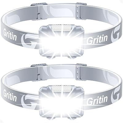 Gritin LED Head Torch Headlamp 2 Pack 3 Modes Waterproof 6 AAA Included Gray