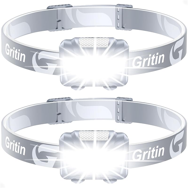 Gritin LED Head Torch Headlamp 2 Pack 3 Modes Waterproof 6 AAA Included Gray
