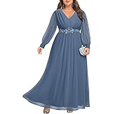Pinup Fashion Women Plus Size Formal Dresses - Long Sleeve Evening Gown Applique Chiffon Maxi Dress