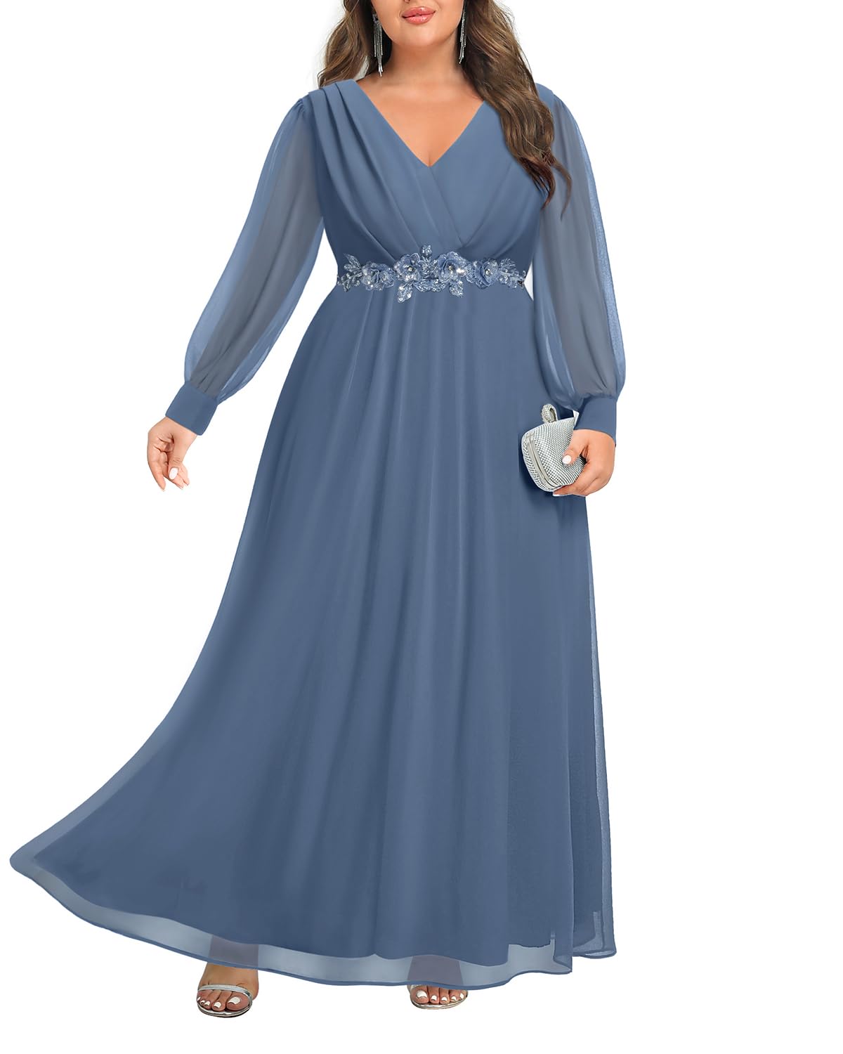Photo 1 of Womens Mother Bride Dresses Plus Size Formal Long Sleeve Dusty Blue Evening Gowns Bridesmaid Elegant Ruched Maxi Dress size 22w