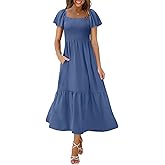 OFEEFAN Casual Dresses for Women Summer Maxi Dresses Flutter Sleeve Flowy Dress Dusty Blue L