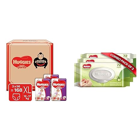 Huggies Wonder Pants Diapers Sumo Pack, Extra Large (168 Count) & Huggies Baby Wipes - Cucumber & Aloe, Pack of 3 (216 Wipes)
