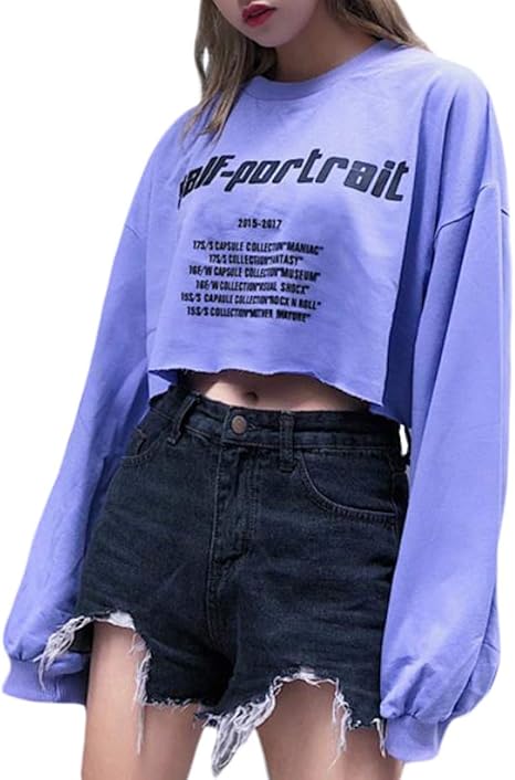 Amazon Shuming 長袖 Tシャツ レディース カットソー ゆったり ショート丈 Tシャツ ロゴ プリント ファッション 秋 トップス へそ出し 短め セクシー ロンｔ 原宿系 Tシャツ カットソー 通販