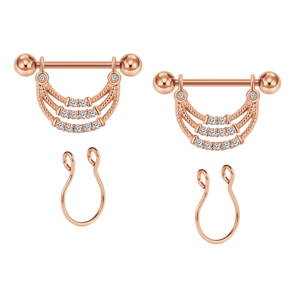 4 Pieces 14G Nipple Rings Barbell Dangle Shape Rings Stainless Steel Tongue Nipple Rings Jewelry Body Piercing- Rose gold
