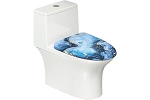 Txsniver Toilet Seat Lid Cover Soft Stretch Fabric Toilet Bowl Lid Cover Durable Washable Toilet Lid Cover Fits Most Round Oval Elongated Lids for Home Bathroom Decor, Navy Blue Golden Marble