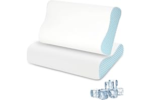 SUFOR 2 Pack Memory Foam Cooling Bed Pillows for Sleeping, Ergonomic Cervical Pillow for Neck and Shoulder Pain Relief, Adjustable Cold Pillow Set of 2,with Pillowcase（Blue）