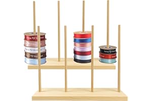 AIHSUMC Wooden Ribbon Rack Storage, 2 Pcs Ribbon Organizer Spool Holders, Washi Tape Organizer Wire Spool Stand Holder for Sewing Craft Mesh Thread Tape Wreath Crochet Roll Florist Arts Wrapping Gift