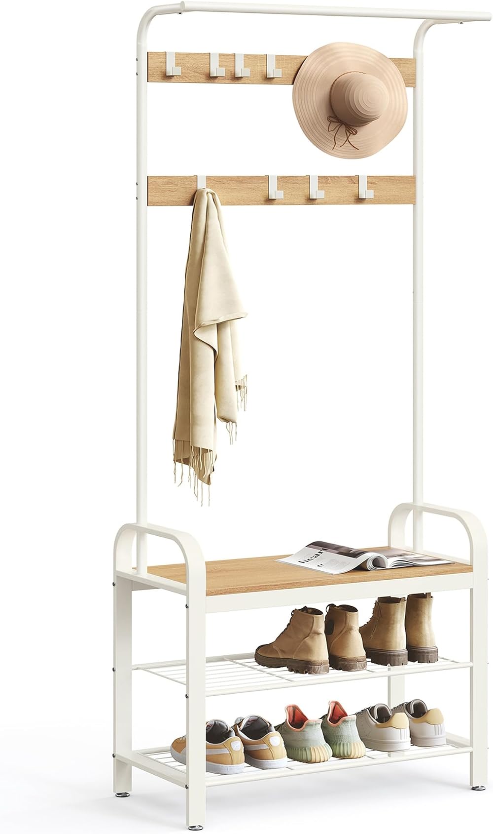 VASAGLE Coat Rack with Shoe Storage Bench 4-in-1 Oak Cream HSR40W