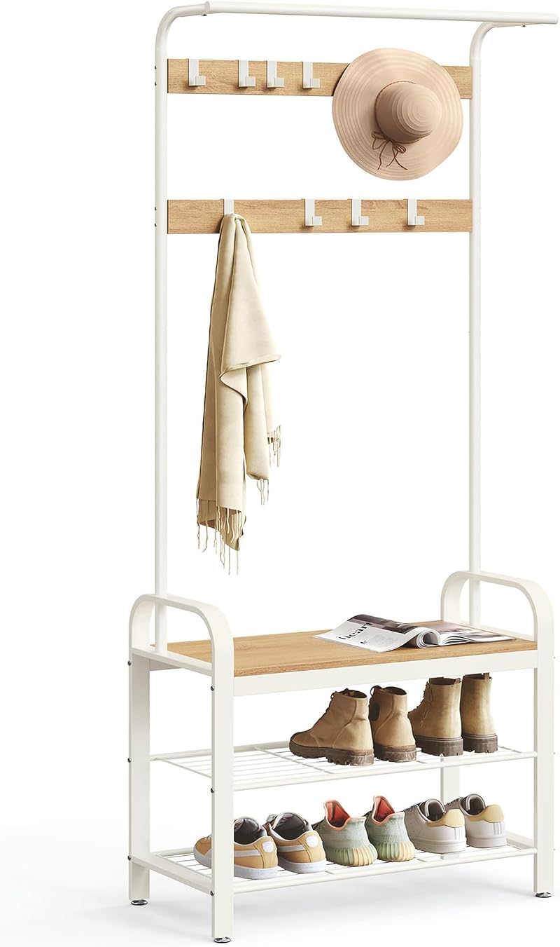 VASAGLE Coat Rack with Shoe Storage Bench 4-in-1 Oak Cream HSR40W